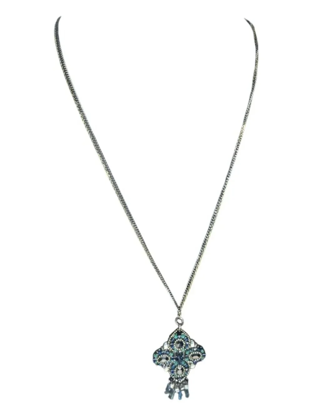 Vintage-Inspired Silver Necklace With Ornate Blue & Green Crystal Pendant